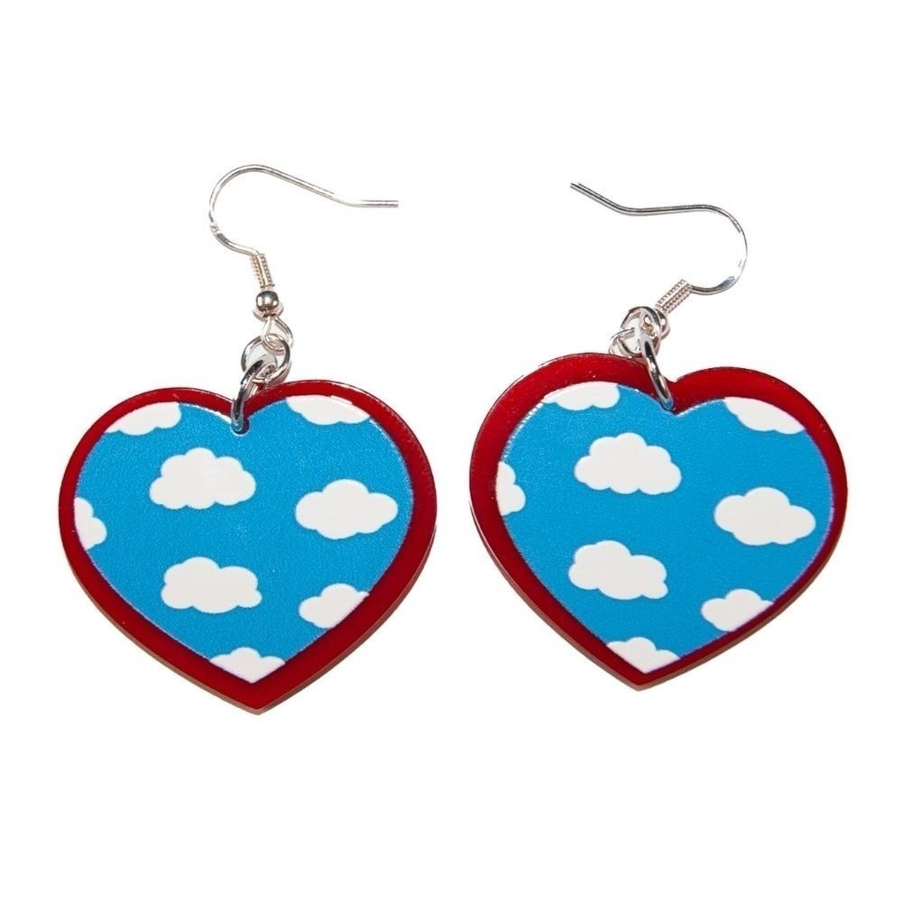 Blue Sky Clouds on Red Resin Retro Style Heart Earrings Hypoallergenic